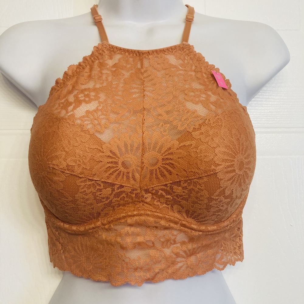 Victoria's Secret PINK Lace‎ Bralette Women Small Orange Push Up High Neck Boho